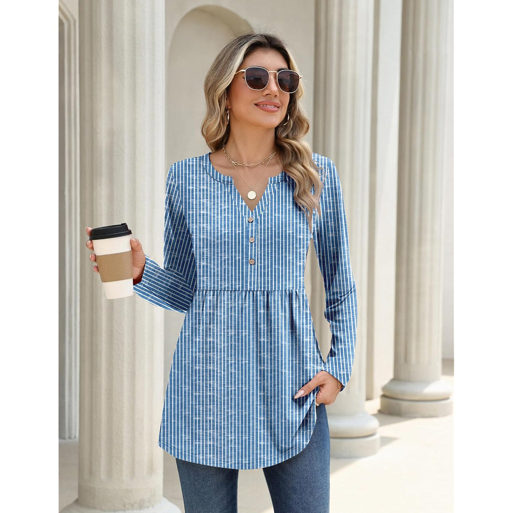 Zeagoo Women Blouses Long Sleeve Shirts Boho Henley V Neck Tops Business Casual Loose Pleated Fashion Clothing