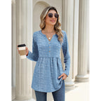 Zeagoo Women Blouses Long Sleeve Shirts Boho Henley V Neck Tops Business Casual Loose Pleated Fashion Clothing