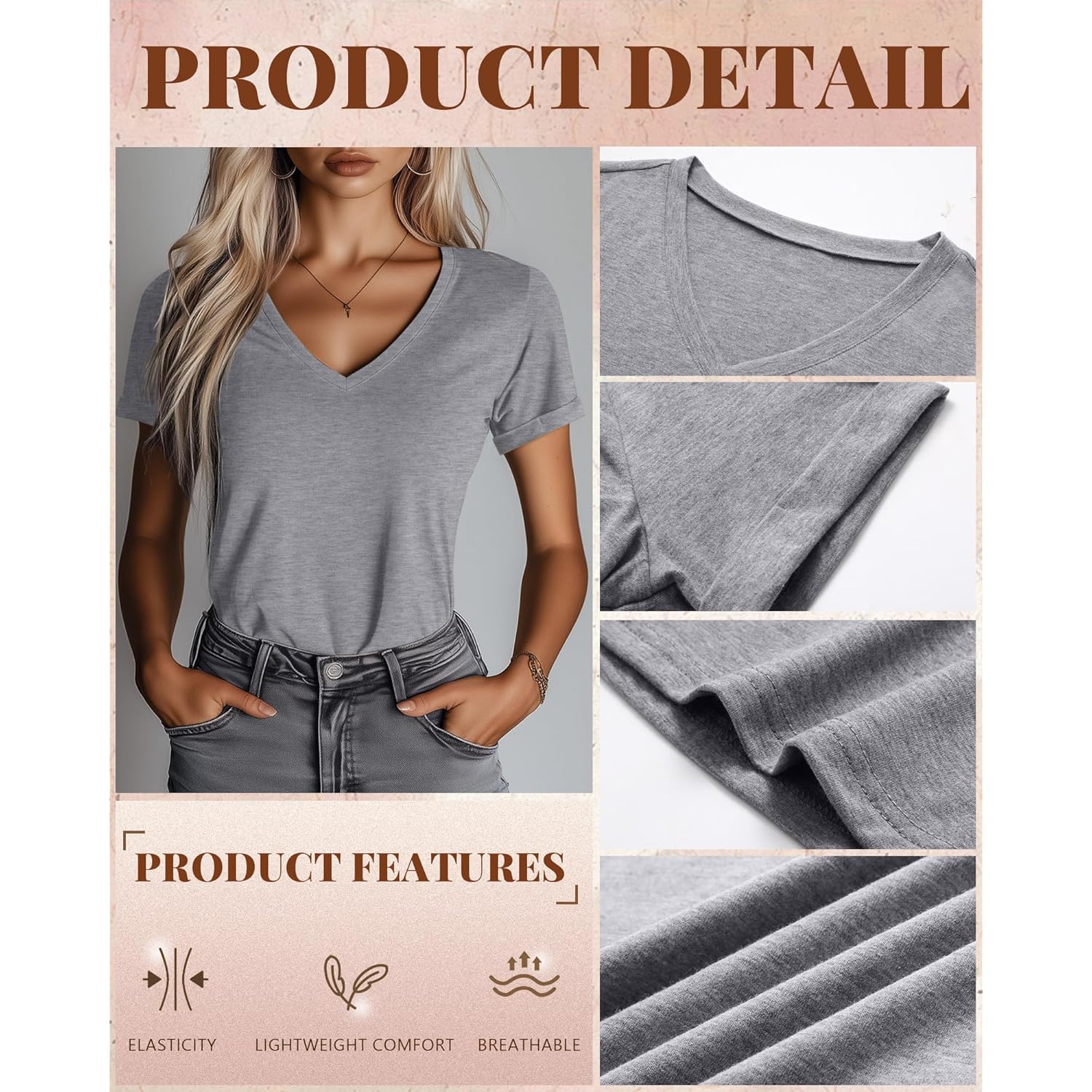 3 Pack Women's V Neck T Shirts, Summer Casual Short Sleeve Tops Loose Fit Rolled Sleeve Tees Trendy Shirts
