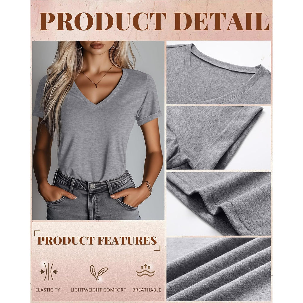 Ficerd 3 Pack Women's V Neck T Shirts, Summer Casual Short Sleeve Tops Loose Fit Rolled Sleeve Tees Trendy Shirts
