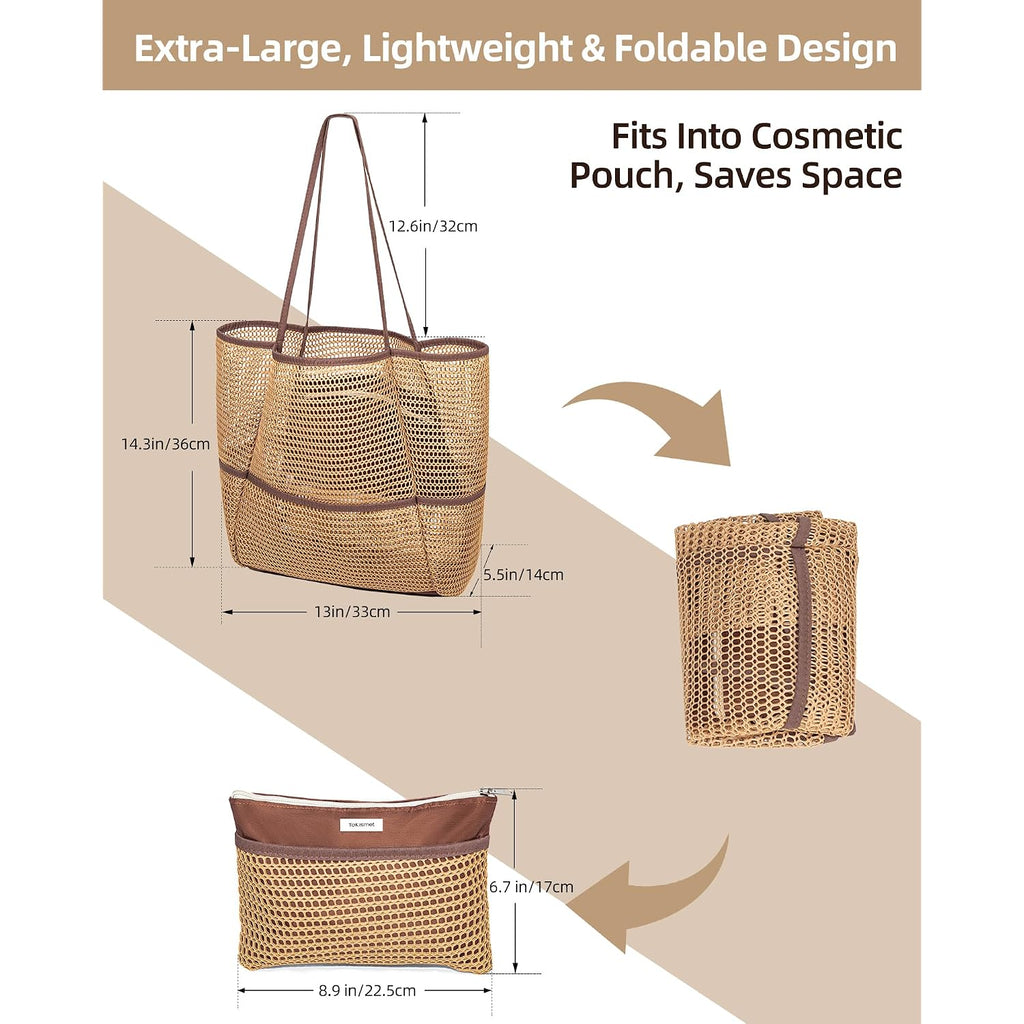 Mesh Beach Tote Bag Packable,2026 New 2-In-1 Large Lightweight Foldable Beach Bags With Multiple Pockets For Women