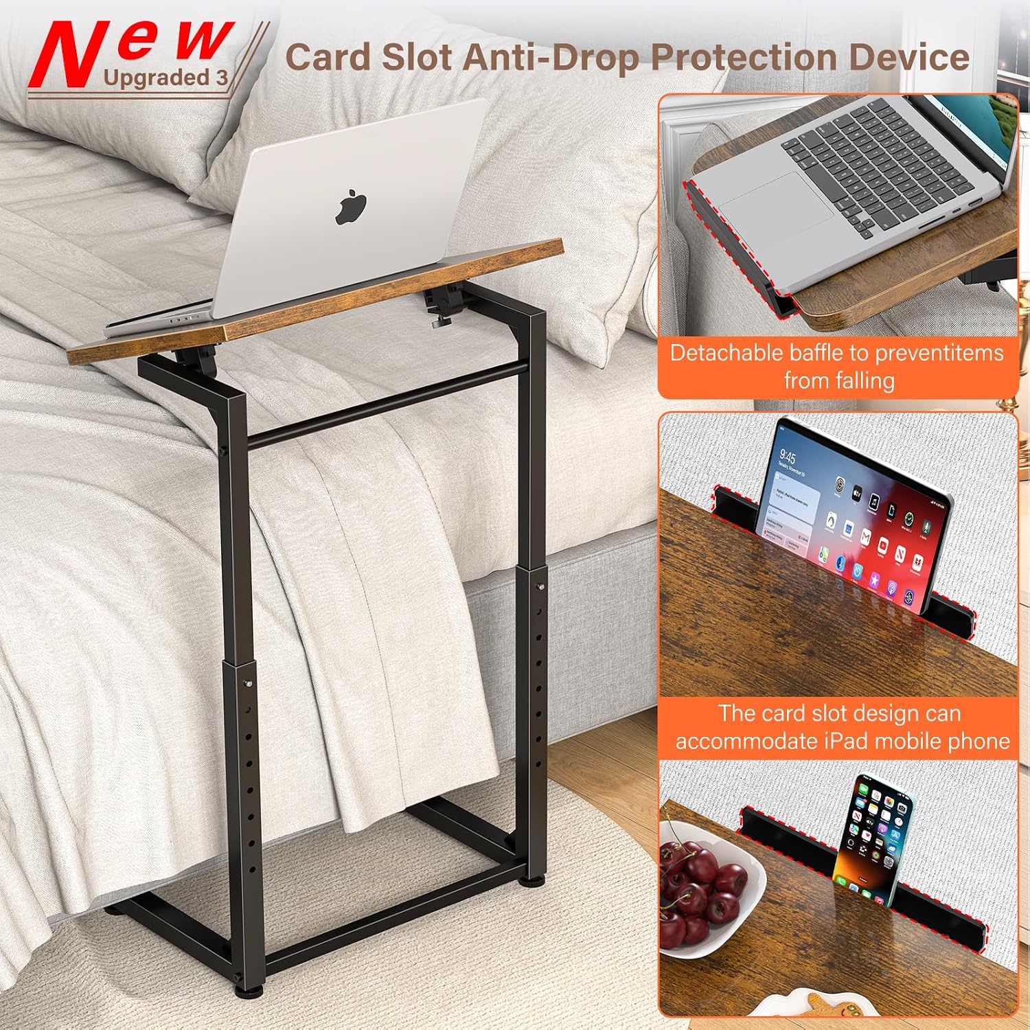 Tv Tray Table Set Of 2, 8-Level Adjustable Height Couch Side Table，90° Tilt Angle Adjustments C-Shaped End Table, With Phone & Tablet Slot Sofa Computer Desk For Couch, Sofa, Bed, Chair, Living Room