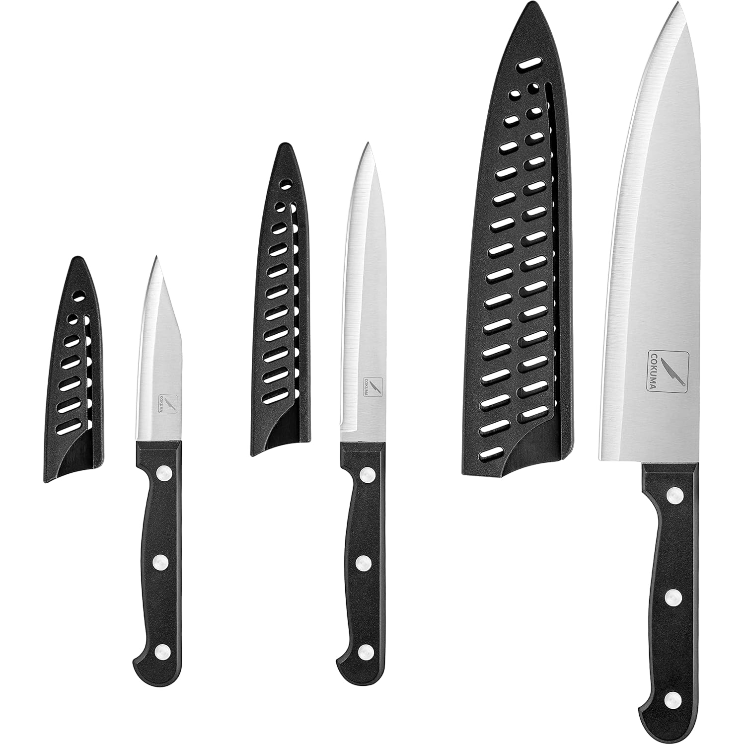 COKUMA Kitchen Knife, 3-Pcs Knife Set With Sheath, 8 Inch Chef Knife, 4.5 Inch Utility Knife, 4 Inch Paring Chef Knife, Stainless Steel, Black