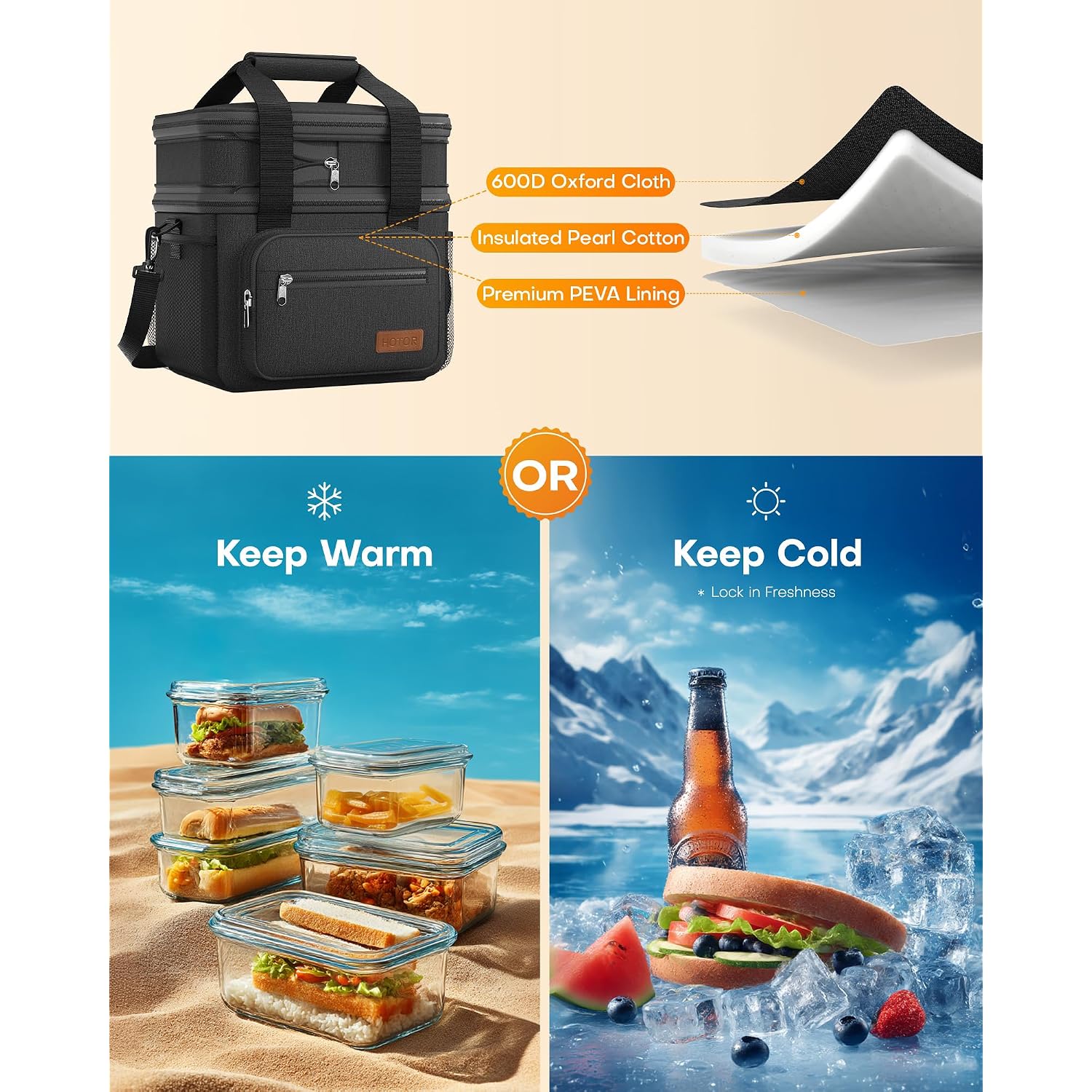 Hotor Lunch Box For Men & Women - Double-Layer Insulated Lunch Bag With Leakproof Liner, Portable Cooler For Work, Travel, Or Picnic, Black, 12L, 11.1" X 9.7" X 6.7"