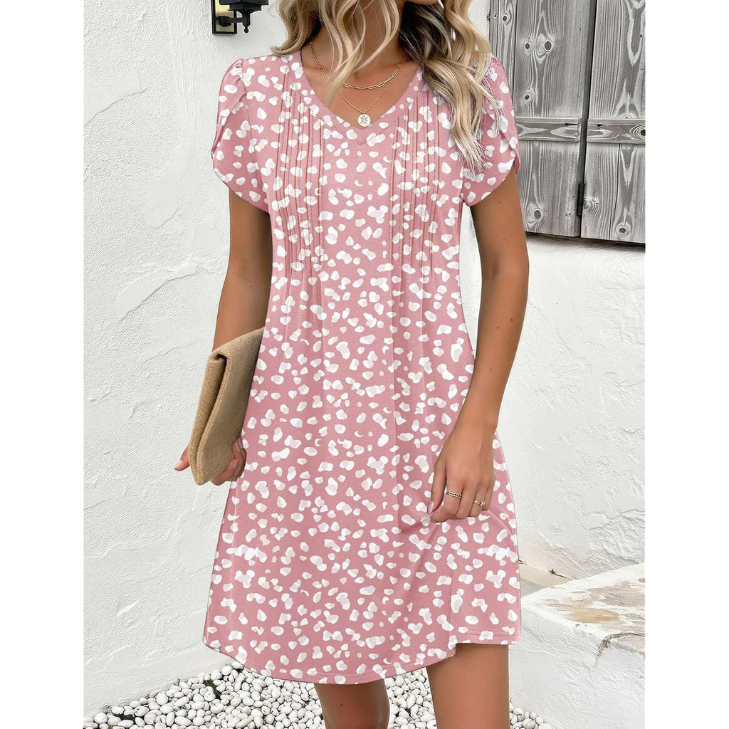Summer Dresses for Women Casual A Line Dress 2026 V Neck Short Dresses Floral Sundress Pleated Boho Dress