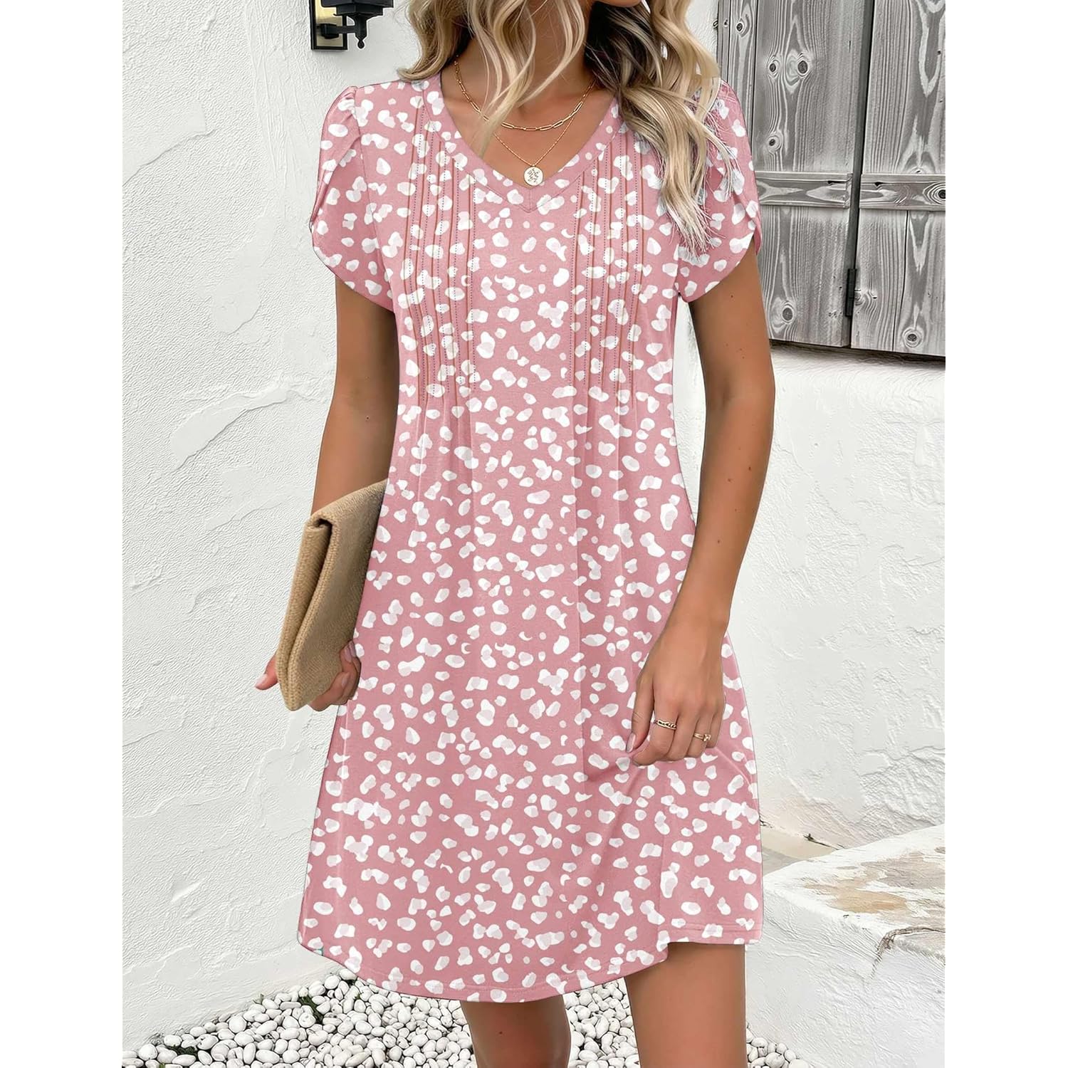 Summer Dresses for Women Casual A Line Dress 2026 V Neck Short Dresses Floral Sundress Pleated Boho Dress