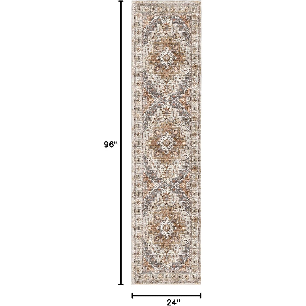 Madane Runner Rug 2x8, Washable Hallway Runner Rugs, Non-Slip Low-Pile Soft Kitchen Rug Runner Laundry Room Rug, Vintage Throw Entry Foyer Mat for Entrance Living Room (Turmeric/Grey, 2 x 8)