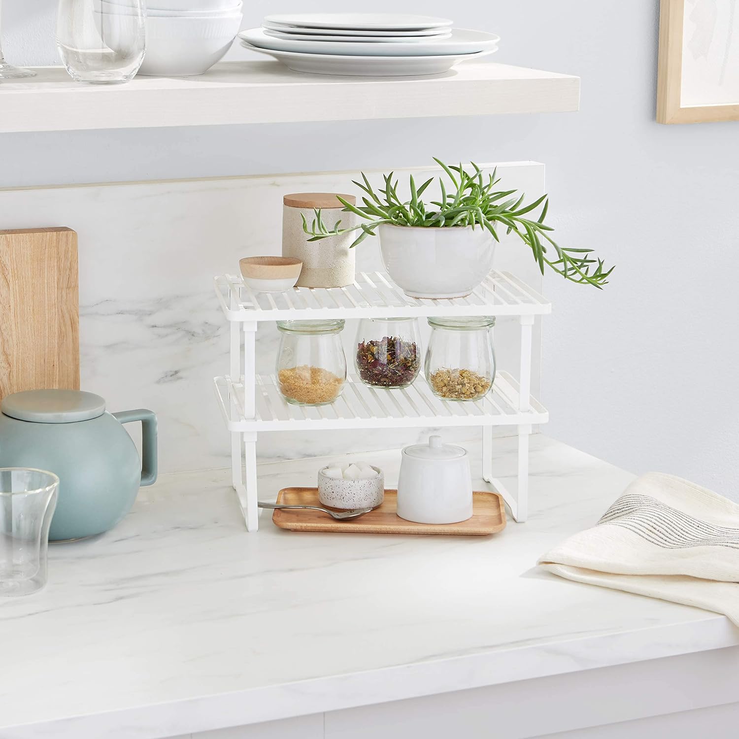 Amazon Basics Space-Saving Stackable Metal Kitchen Cabinet Organizer Shelves For Dishes, Pantry Organization, 12.5" L X 8" D X 4.5" H, Set Of 2, White