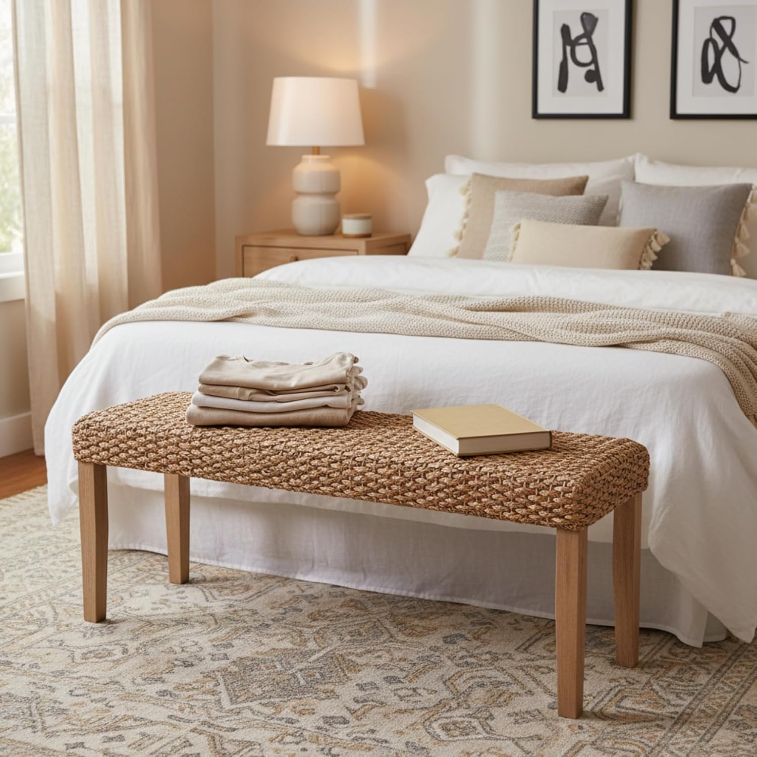 Indoor Wicker Bench, 47", Solid Wood Acacia & Natural Woven Seat | Entryway Bench, Living Room Dining Bench Or End Of Bed Bench, Boho, Rustic Farmhouse Rattan Hallway Bench