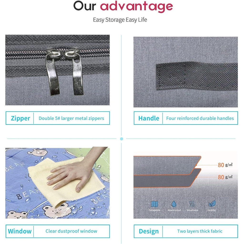 Onlyeasy Foldable Underbed Bags 2 Pack - Blankets Clothes Comforters Storage Bag Breathable Zippered Organizer For Bedroom With Clear Window And 4 Handles, 39.4X19.7X5.9 In, Linen-Like Grey, Mxdubbp2