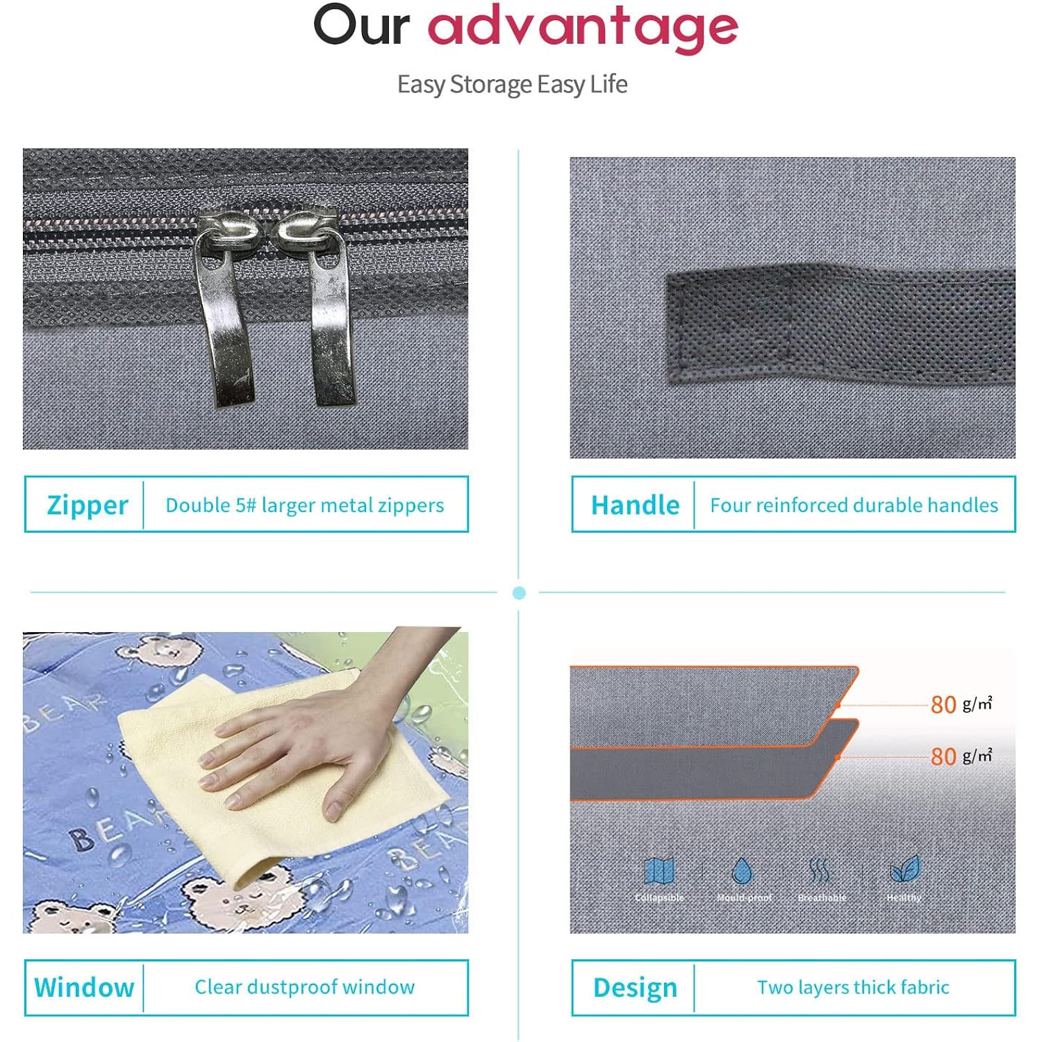 Onlyeasy Foldable Underbed Bags 2 Pack - Blankets Clothes Comforters Storage Bag Breathable Zippered Organizer For Bedroom With Clear Window And 4 Handles, 39.4X19.7X5.9 In, Linen-Like Grey, Mxdubbp2