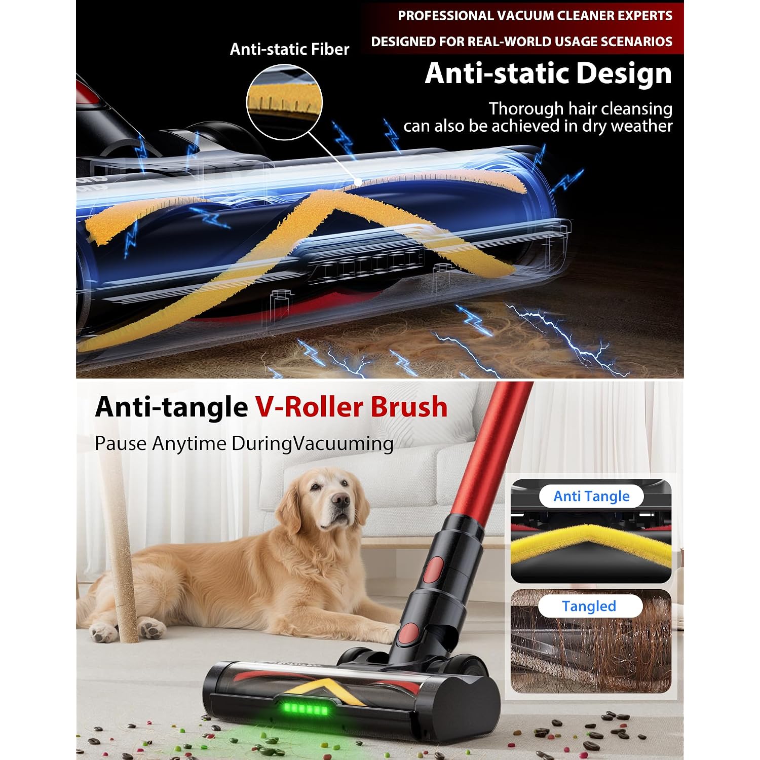Cordless Vacuum Cleaner, 75Mins/55Kpa/650W Freestanding Vacuum Cleaners For Home, With Anti-Static&Anti-Tangle Brush, Led Touch Screen, Stick Vacuum For Carpets, Pet Hair, Hardwood Floors
