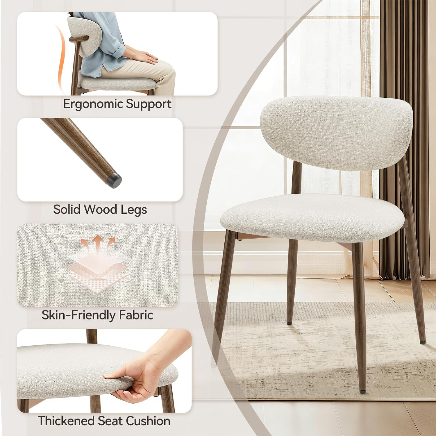 Malol Dining Chairs Set Of 4, Curved Back Kitchen Room Chairs With Metal Legs And Anti Slip Pads, Upholstered Dining Chair For Home And Restaurant, Beige