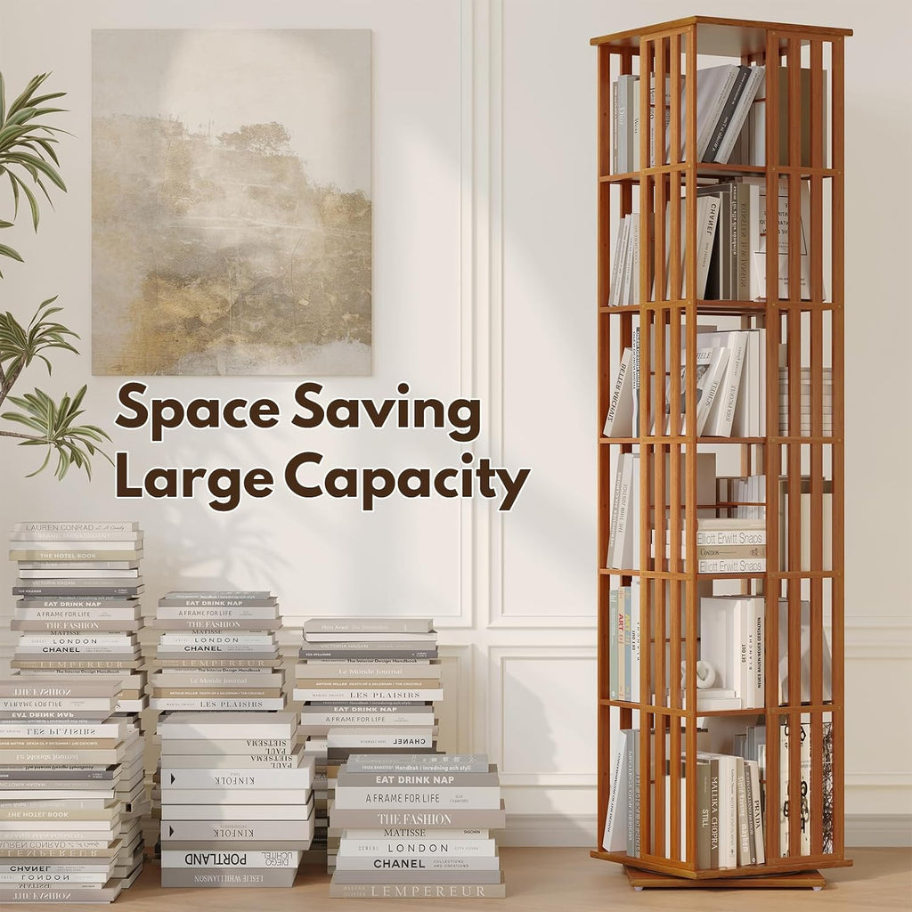Rotating Bookshelf Tower, 360° Display Spinning Bookcase, Bamboo Bookshelf Floor Standing Storage Rack, Wood Narrow Book Shelf Organizer For Kids Adults (Walnut, 6 Tier)