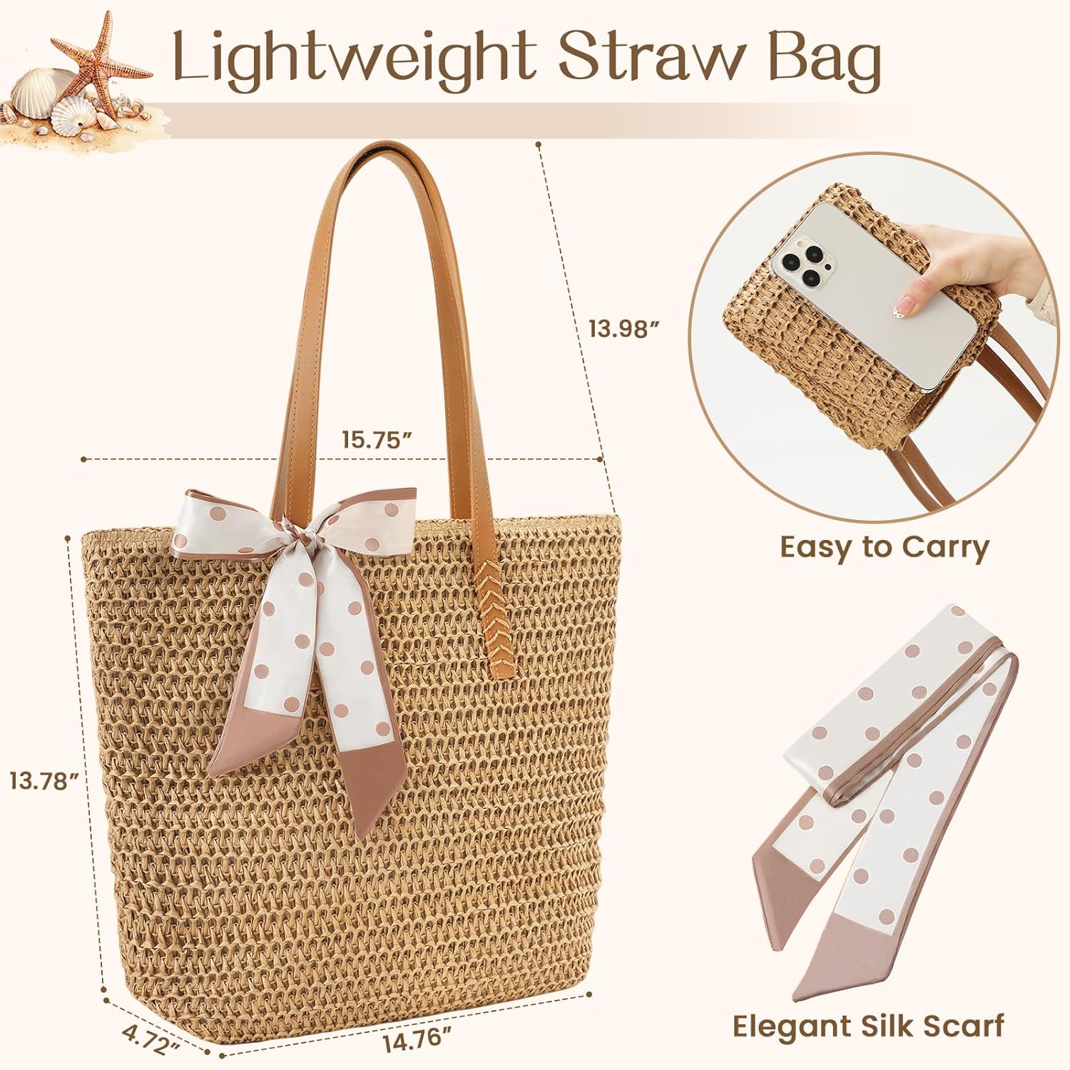 Trifabricy Beach Bags for Women, Large Straw Beach Bag, Beach Tote Bag Shoulder Handbags, Straw Bag Beach Purse for Summer