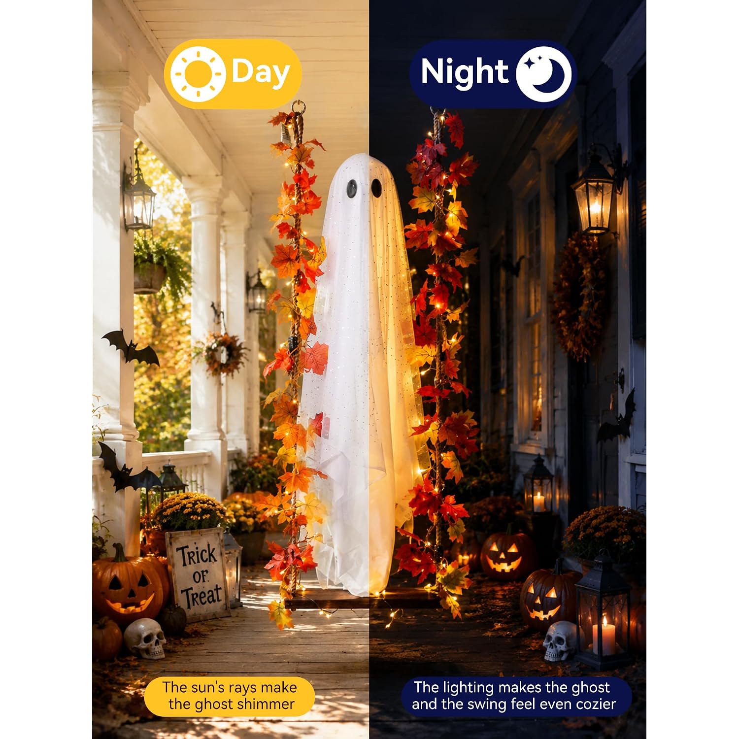 Halloween Decorations Outdoor Indoor-5.3Ft Hanging Ghost Decor With A Maple Leaf 6.6Ft Swing,Ghost Light,Halloween Decor For Tree,Yard,Porch,Garden