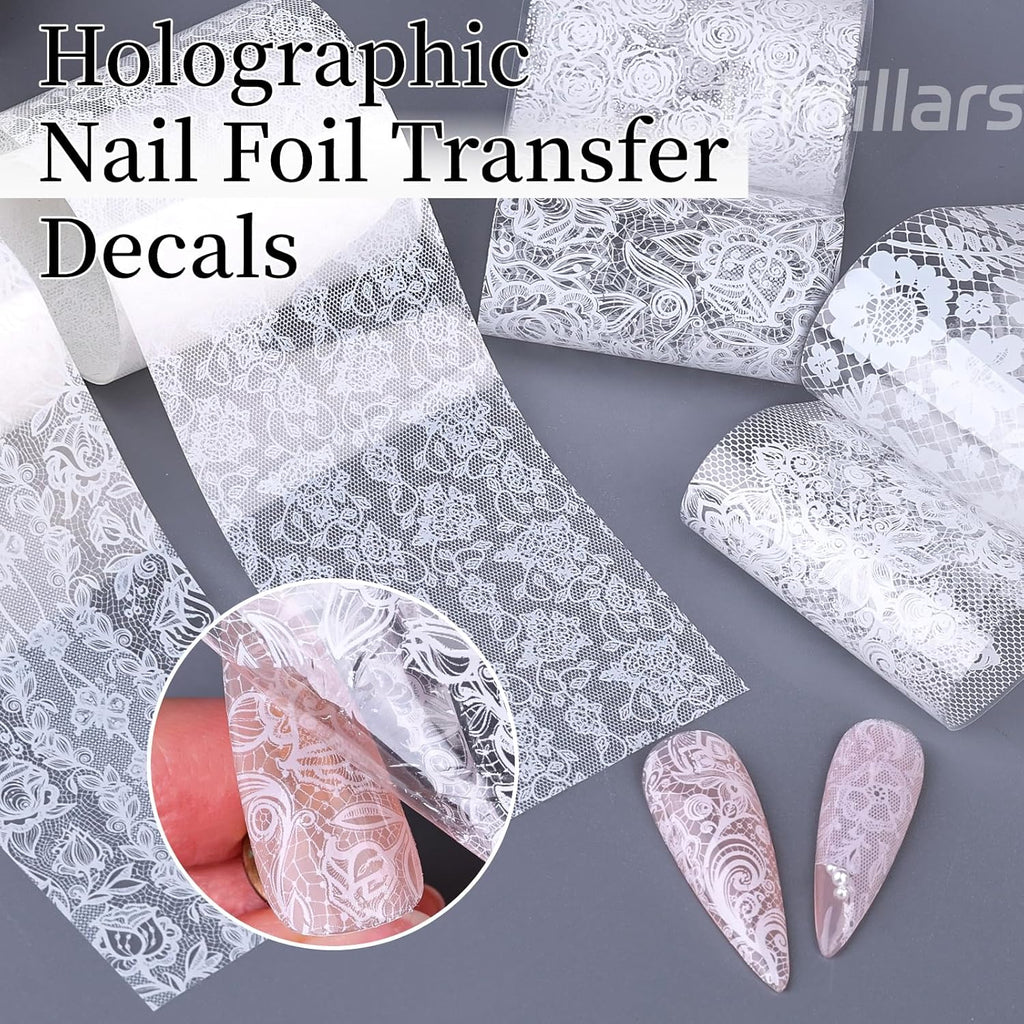White Lace Nail Foil Transfer Stickers, 10 Rolls Nail Lace Flowers Stickers Design Holographic Nail Foils Transfer Paper Nail Art Decals for Women DIY Acrylic Nails Manicure Wraps Salon Decoration