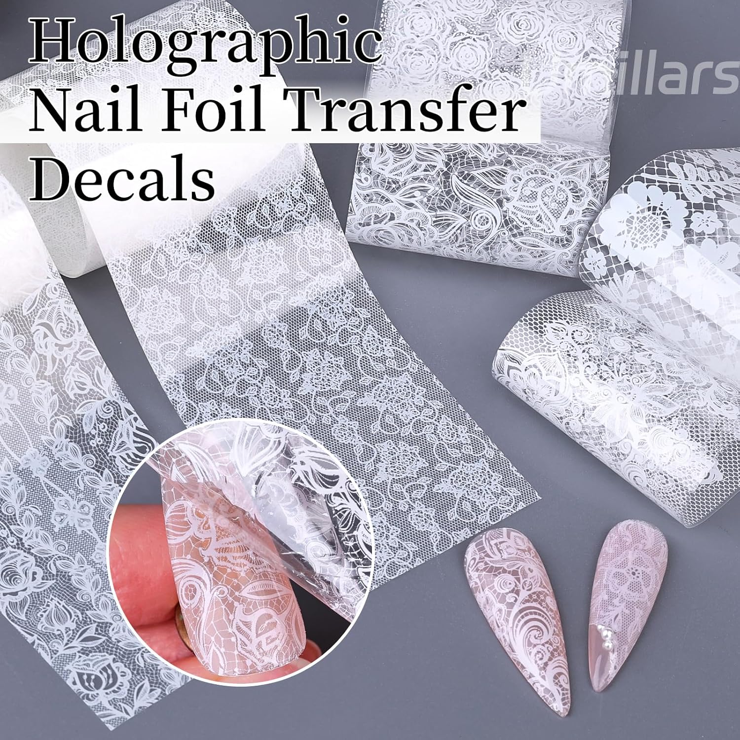 White Lace Nail Foil Transfer Stickers, 10 Rolls Nail Lace Flowers Stickers Design Holographic Nail Foils Transfer Paper Nail Art Decals for Women DIY Acrylic Nails Manicure Wraps Salon Decoration