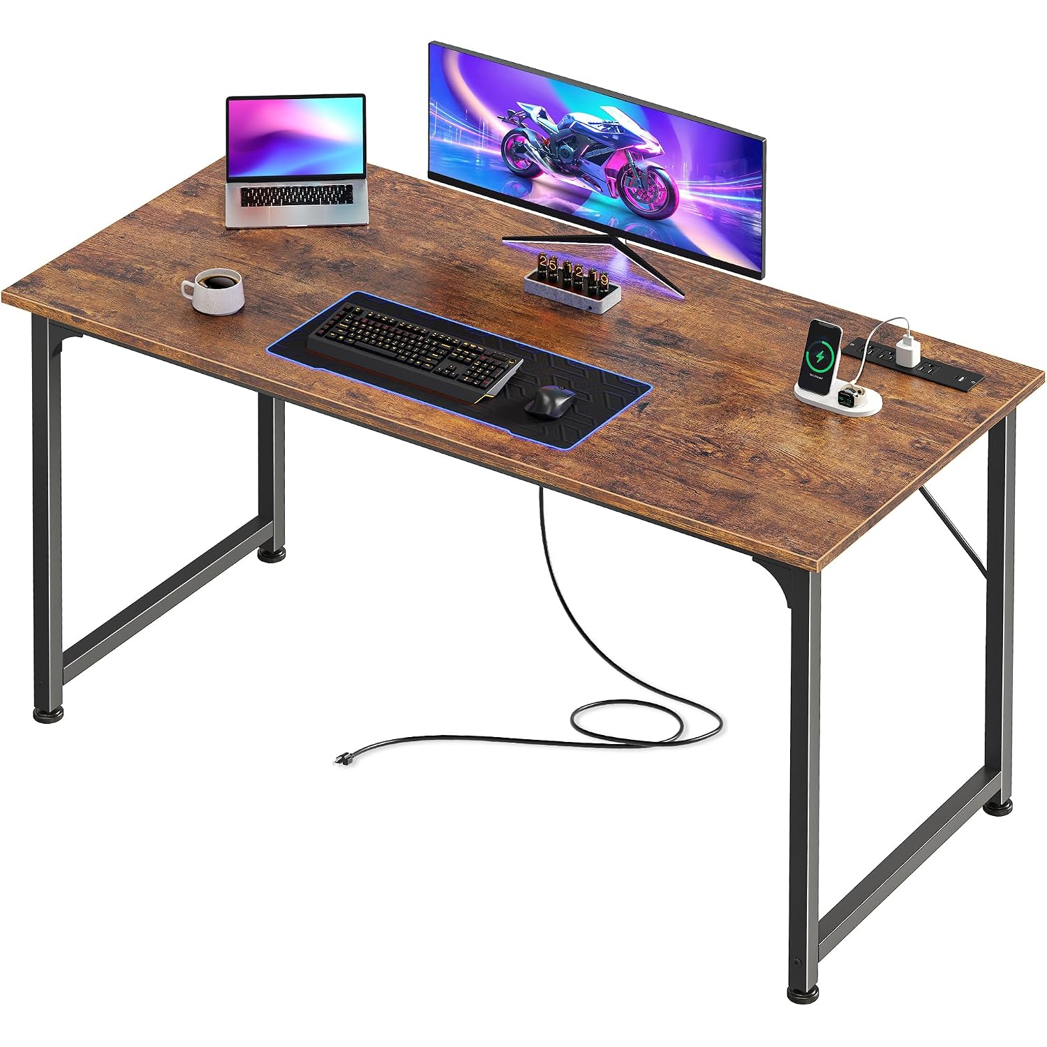 47 X 20 Inch Computer Desk, Power Outlets, Usb-C, Rustic Brown | Office Desk With 4 Ac Outlets, Usb & Usb-C, Sturdy Metal Frame, Spacious Desktop For Work, Writing, Study & Gaming
