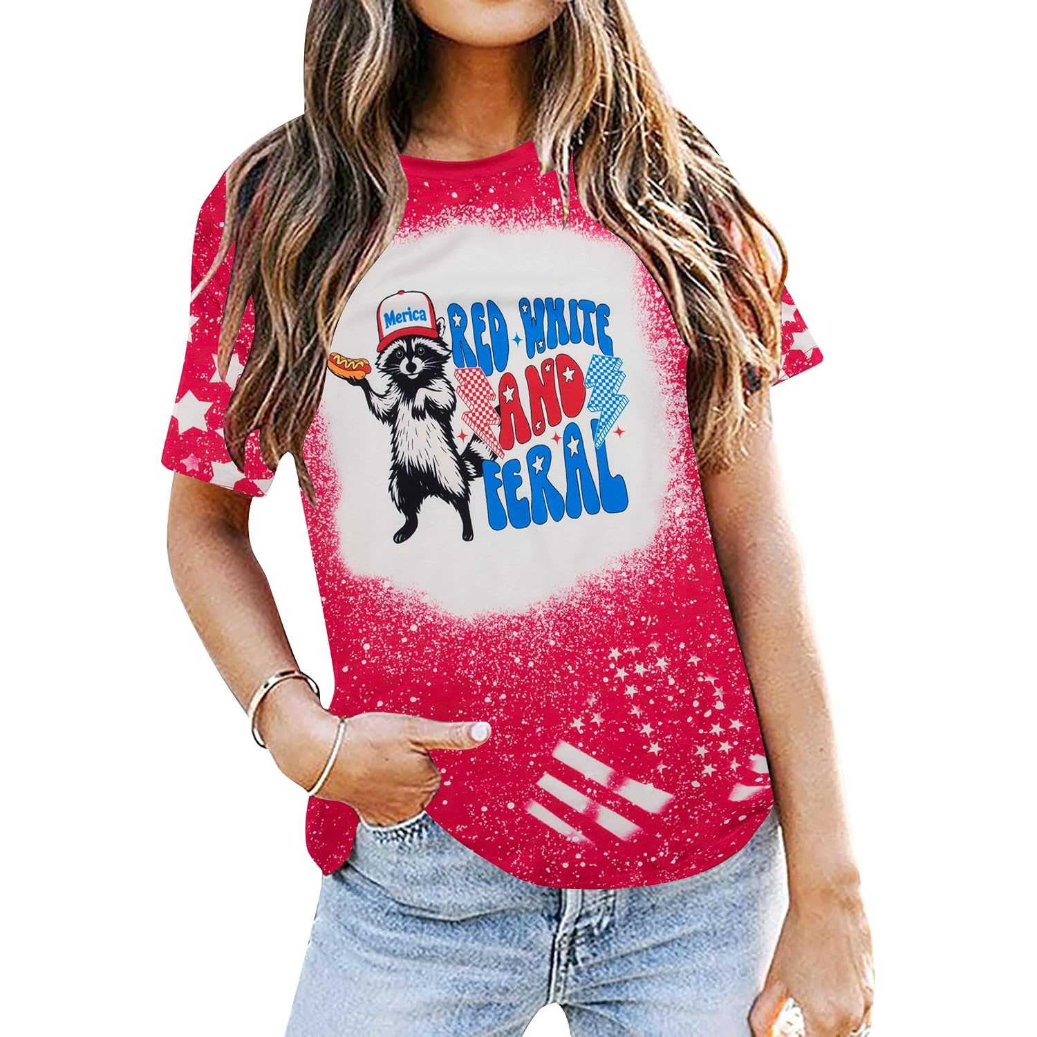 Women Red White and Blue Shirts Funny 250 Anniversary USA Raccoon T-Shirt America Patriotic Tee Tops