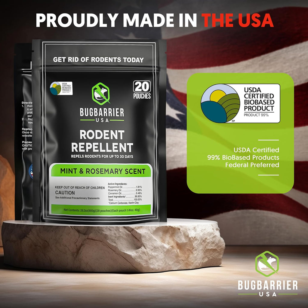 Bugbarrier'S Extra-Strength Mouse Repellent Deterrent Pouches, Usda 99% Biobased, Peppermint & Rosemary Oils Repel Mice Nesting In Car, Rv, Boat, Garage, Shed, Cabin Made In The Usa (Pack Of 20)