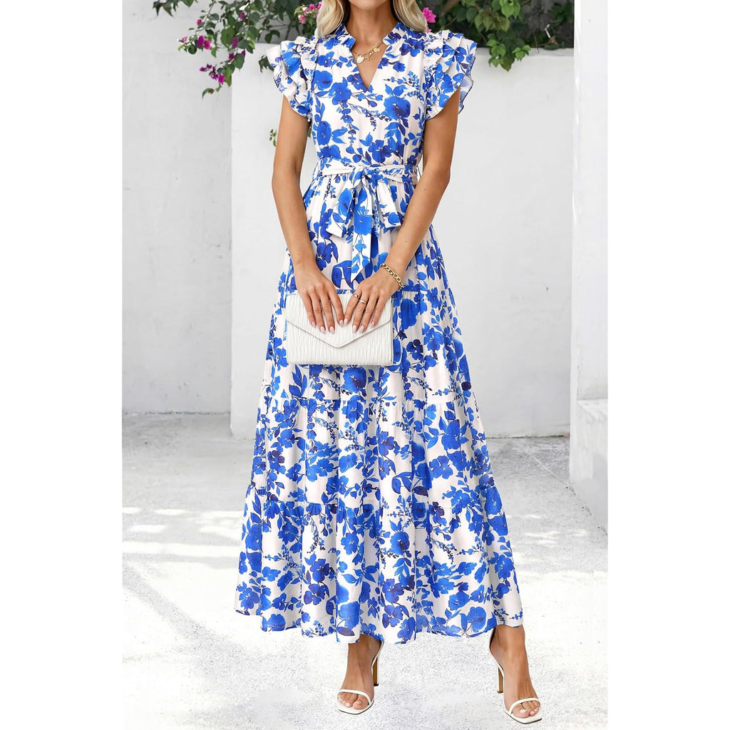Dowerme Women Summer Maxi Dresses 2026 Ruffle Sleeve V Neck Floral Boho Long Dress Belted Tiered Sundress With Pockets