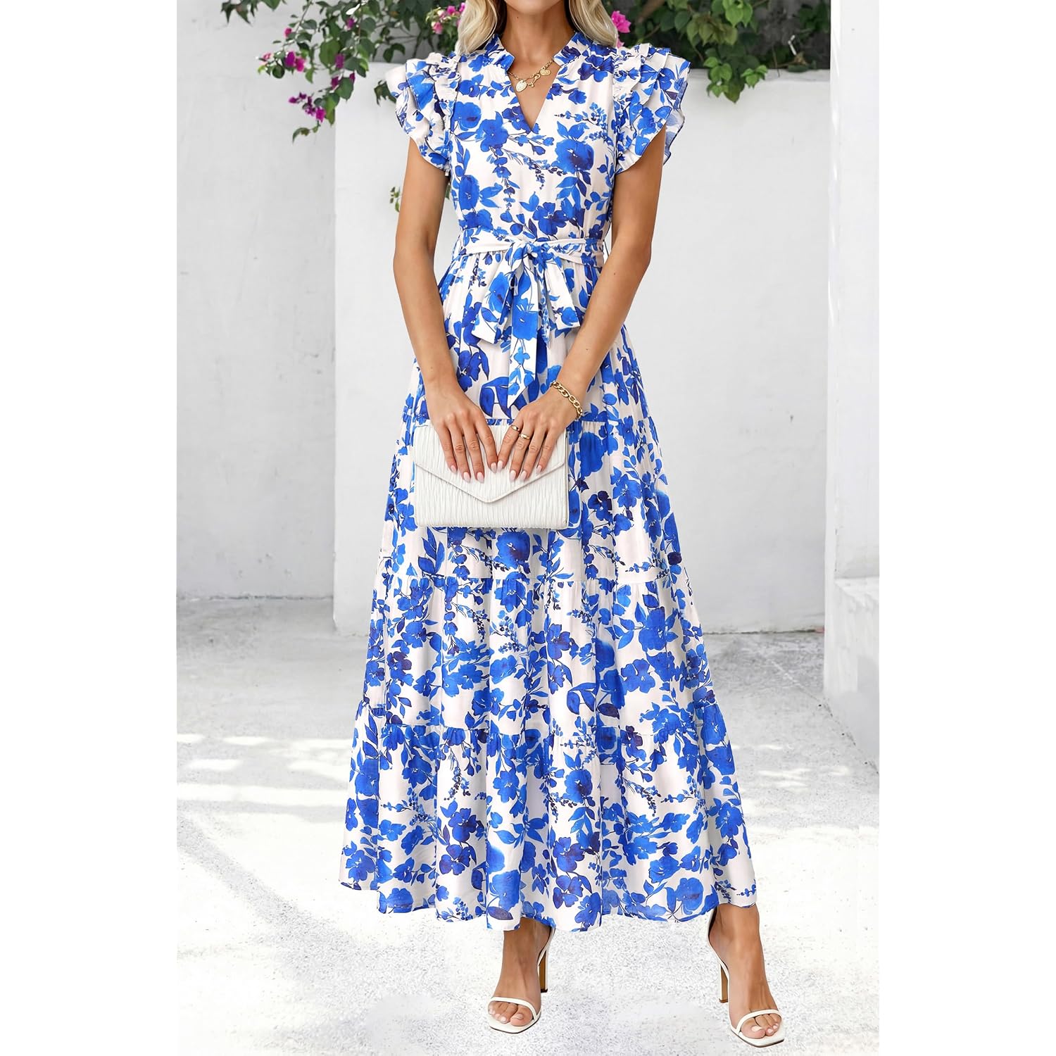 Dowerme Women Summer Maxi Dresses 2026 Ruffle Sleeve V Neck Floral Boho Long Dress Belted Tiered Sundress With Pockets