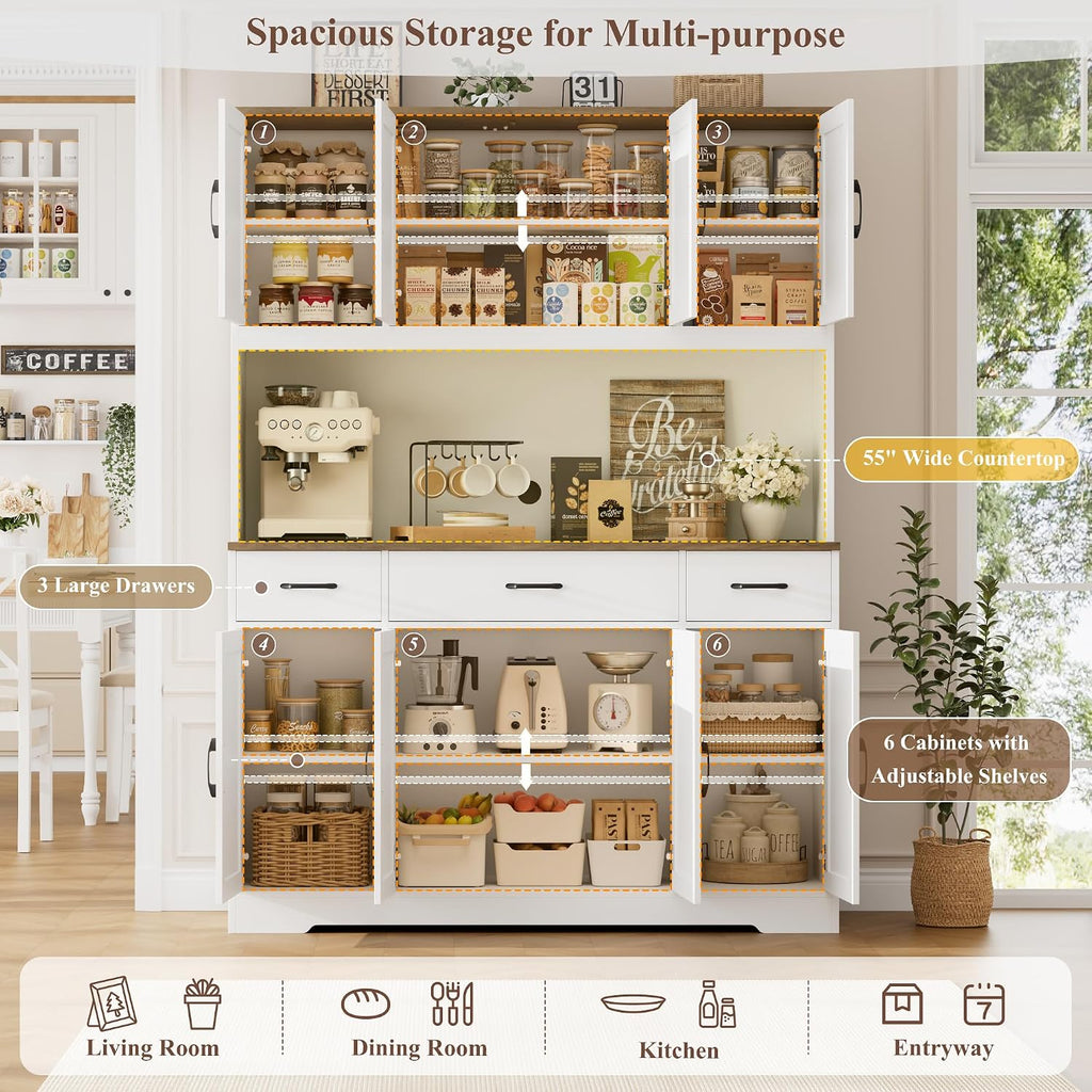Hostack 71" Tall Kitchen Pantry Storage Cabinet, 55" W Kitchen Hutch, White | Large Pantry Cabinet With Charging Station / Countertop / 3 Drawers, Farmhouse Hutch Cabinet With Storage For Dining Room
