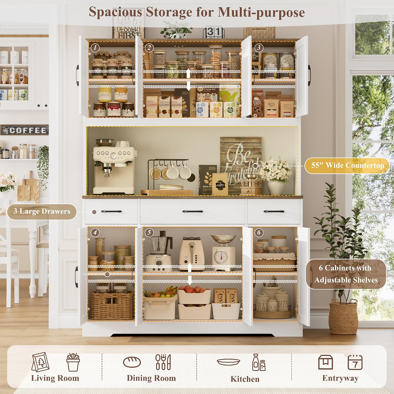Hostack 71" Tall Kitchen Pantry Storage Cabinet, 55" W Kitchen Hutch, White | Large Pantry Cabinet With Charging Station / Countertop / 3 Drawers, Farmhouse Hutch Cabinet With Storage For Dining Room