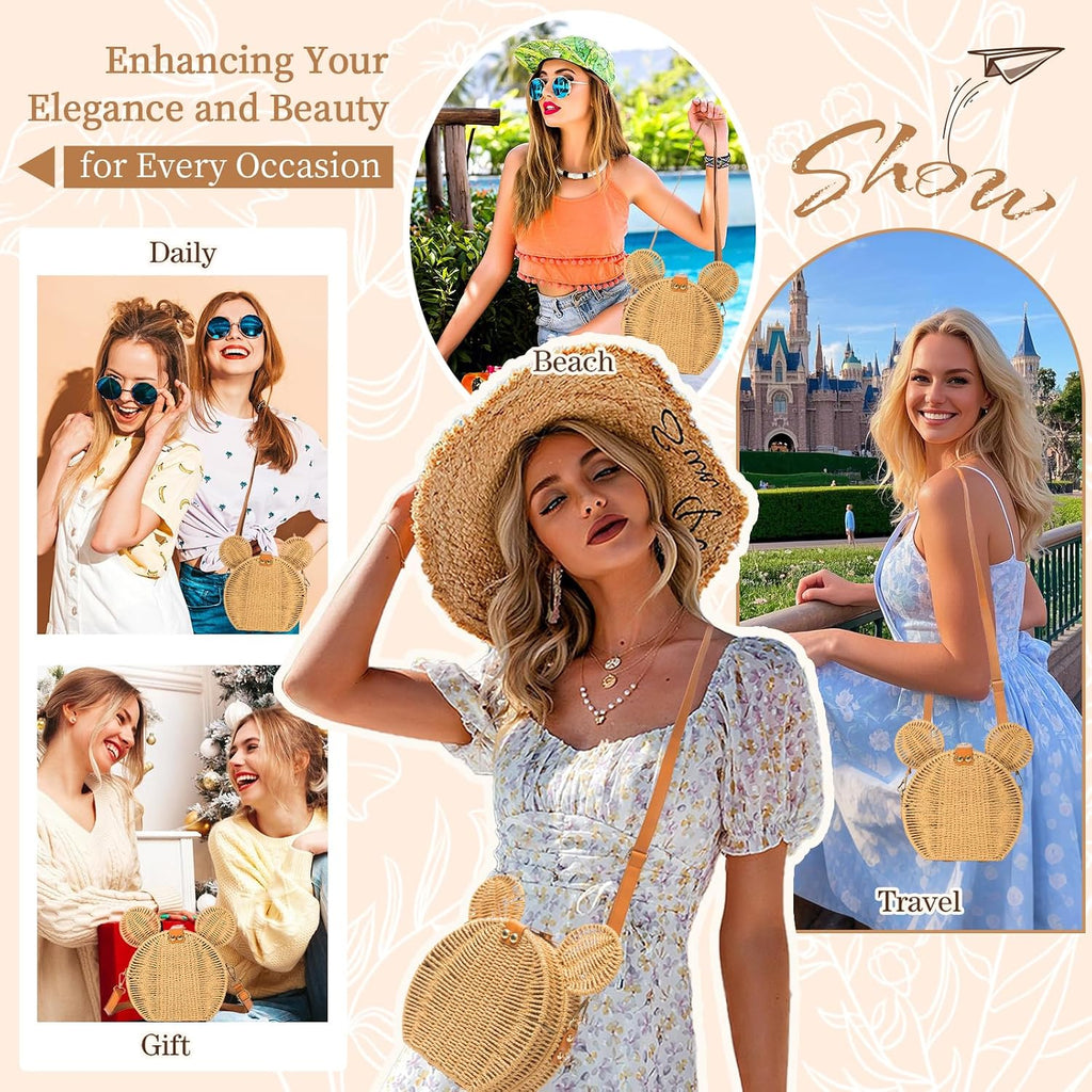 Round Rattan Straw Bag Purse For Women Handmade Cute Mouse Ear Wicker Woven Purse Crossbody Shoulder Bag Handbag