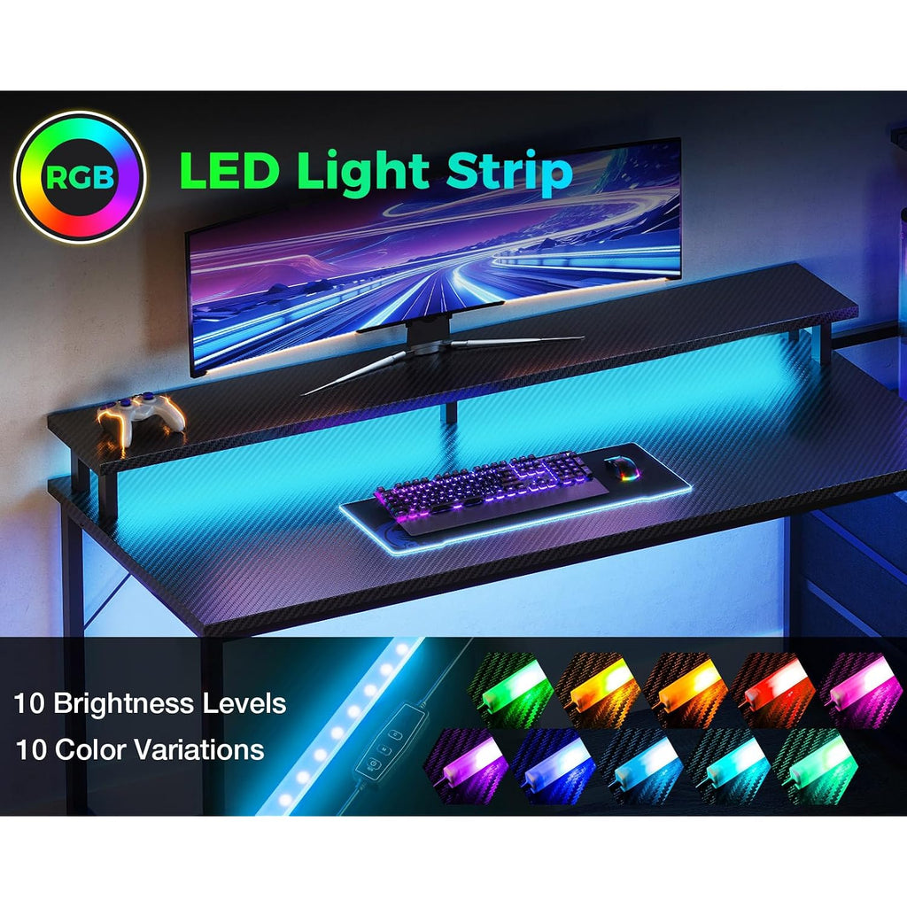 Aodk Gaming Desk W/Pc Showcase Stand, 59" Reversible, Rgb Led, Black | Elevated Stand Fits Lian Li O11, Hyte Y60. Triple Drawers Hide Cables, Controllers, Clutter.Your Build Deserves To Be Seen.