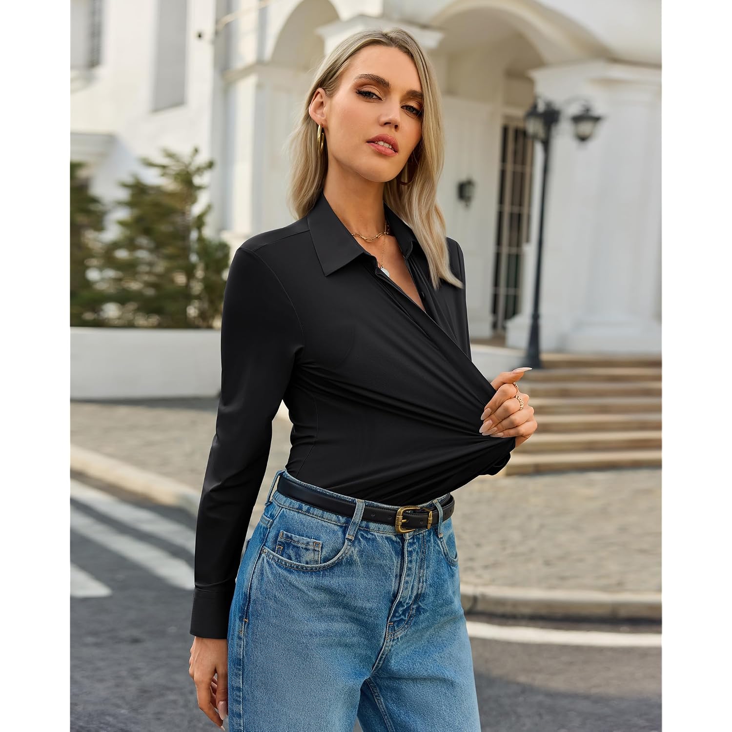 Siliteelon Button Down Shirts For Women Stretch Long Sleeve Wrinkle Free Collared Fitted Business Casual Tops Work Blouse