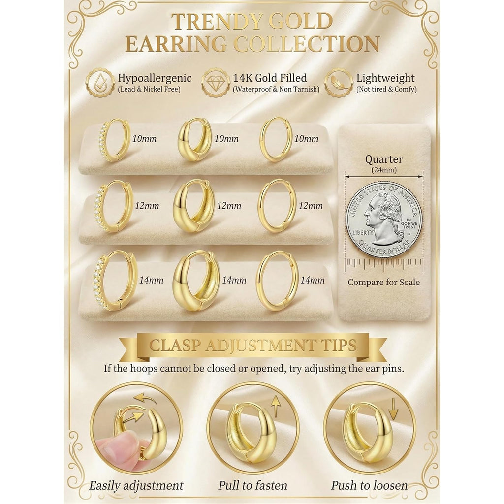 9 Pairs Gold Huggie Hoop Earrings Sets for Women, 14K Gold Plated Small Hoop Earring Sets for Multiple Piercing, Hypoallergenic Thick Lightweight Earring for Womens Jewelry Gifts