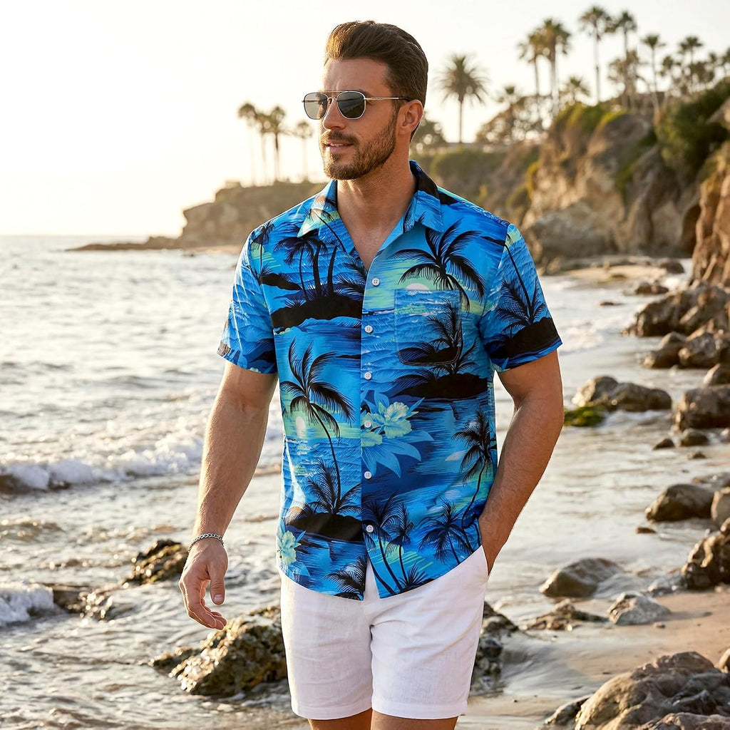 Mens Hawaiian Shirts Tops Short Sleeve Floral Button Down Beach Shirt Vintage Tropical Palm Summer Lightweight Blouses Male