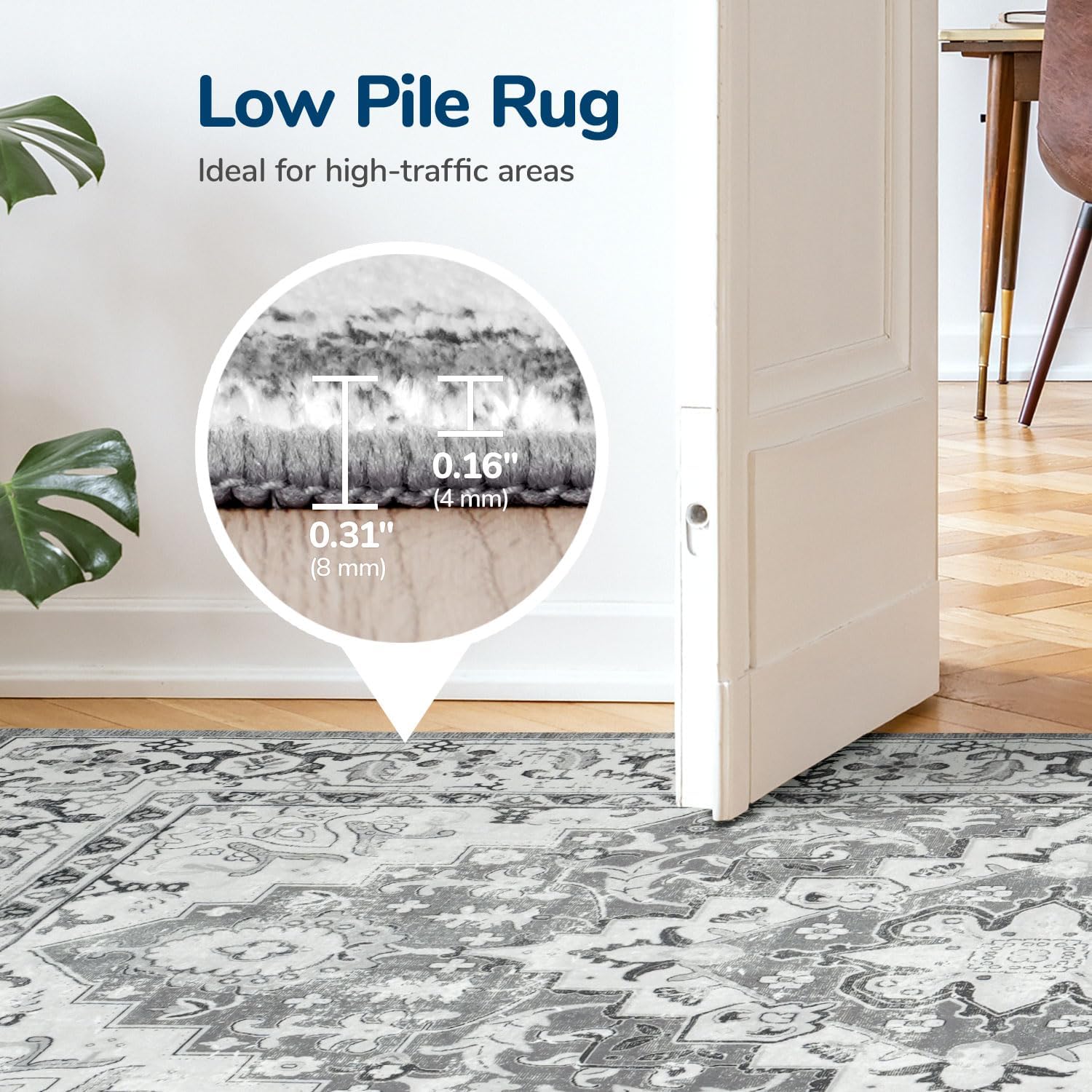 8 X 10 Area Rugs For Living Room- Machine Washable Area Rugs Boho Faux Wool Low Pile Area Rug For Bedroom, Floral Medallion Vintage Rugs With Non-Slip Rubber, Kid & Pet Friendly, Grey White