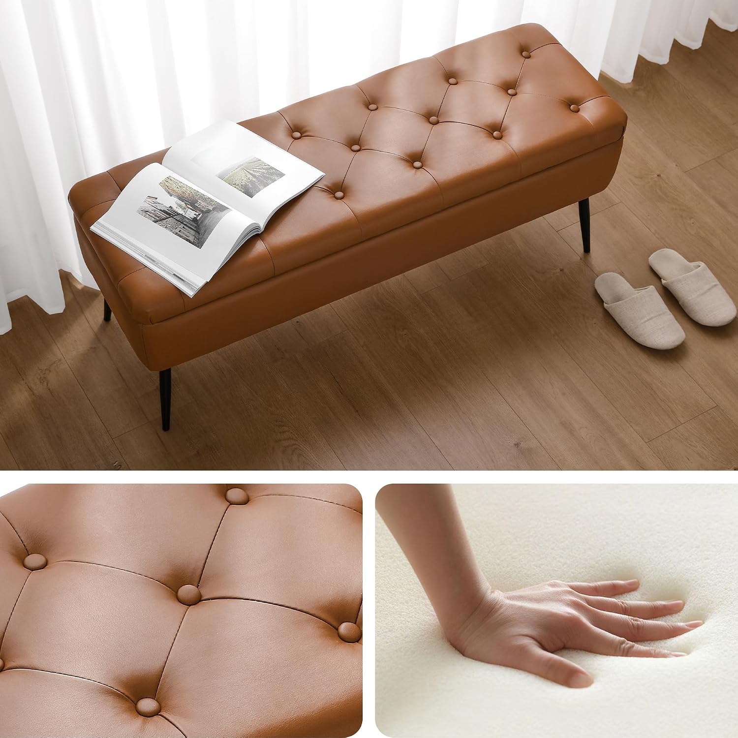 Leather Storage Ottoman Bench,End Of Bed Bench For Living Room Bedroom Dinning Room Entryway,Mid-Century Modern, With Steel Legs,Safety Hinges, Loads 660 Lb (With Button, Brown)