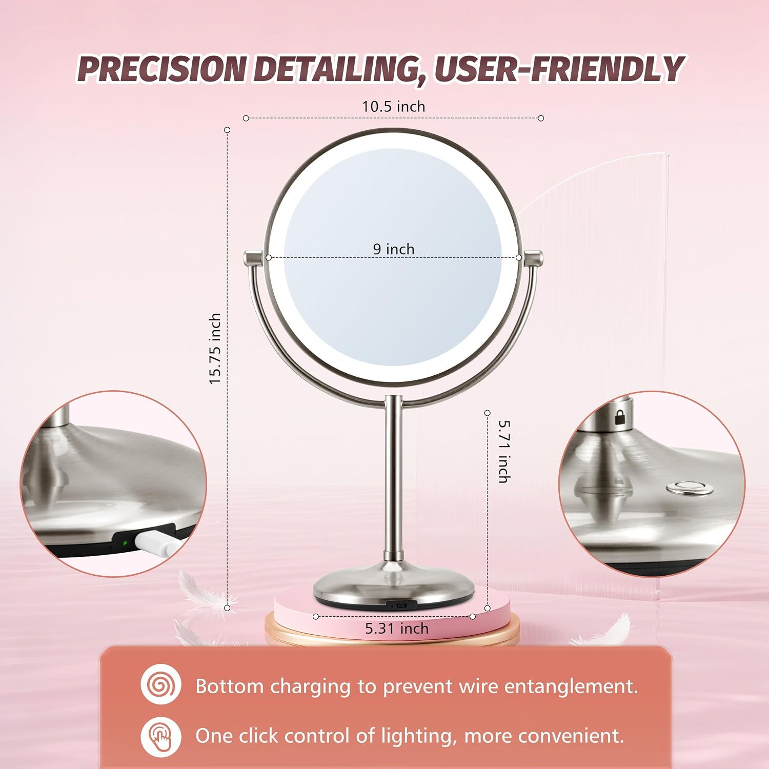 9" Lighted Makeup Mirror, 1X/20X Rechargeable Magnifying Mirror With 3 Color Dimmable Lights For Bedroom Tabletop, Base Charging And Switch, Women Gift