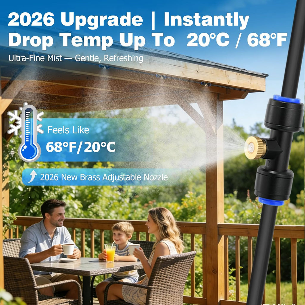 Mellbree Misters For Outside Patio 30Ft/9M, Pre-Assembled Misting Cooling System With 8 Brass Nozzles & 3/4" Adapter, Outdoor Mister For Backyard, Garden, Greenhouse, Chicken Coop, Dog House