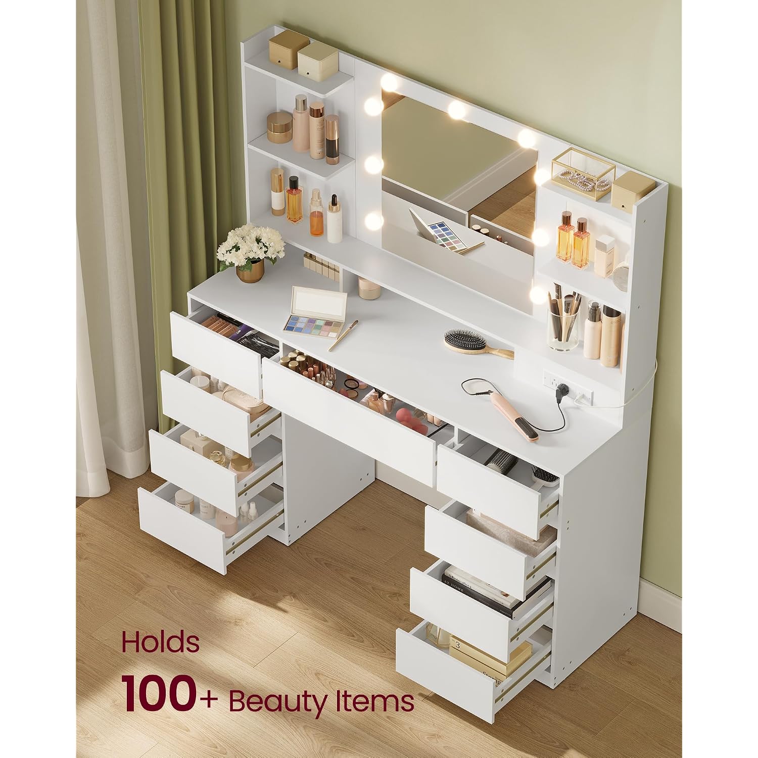 Vasagle Kailyn Collection - Vanity Desk With Mirror And 9 Led Bulbs, Modern Vanity Makeup Table With Power Outlets, Dressing Table With 9 Drawers, For Bedroom, Cloud White Urdt141Wb01S