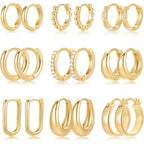9 Pairs Small Gold/Silver Hoop Huggie Earrings Set for Women, 14K Gold Plated Chunky Hoop Small Earring Hypoallergenic Thick Open Lightweight Chunky Hoop Earrings Jewelry for Gifts
