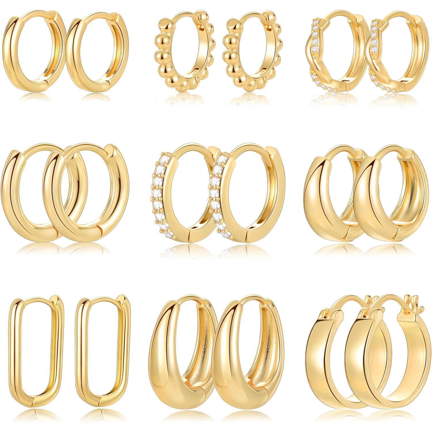 9 Pairs Small Gold/Silver Hoop Huggie Earrings Set for Women, 14K Gold Plated Chunky Hoop Small Earring Hypoallergenic Thick Open Lightweight Chunky Hoop Earrings Jewelry for Gifts