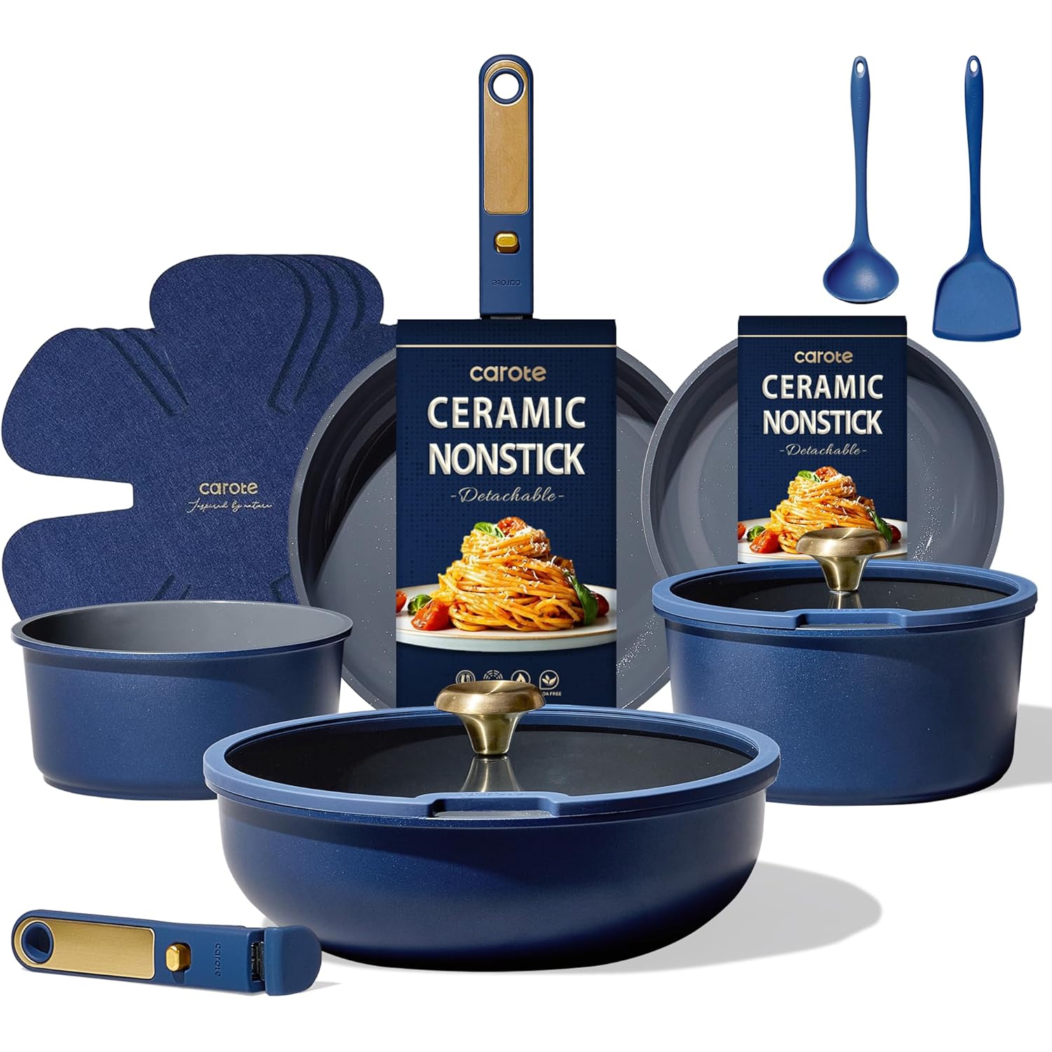 CAROTE Blue&Gold Ceramic Cookware Set Non Toxic, PFAS Free,15Pcs Pots and Pans Set Non Stick Detachable/Removable Handle,Kitchen Cooking Set Dishwasher Safe, Nonstick Pot and Pan, Induction Cookware