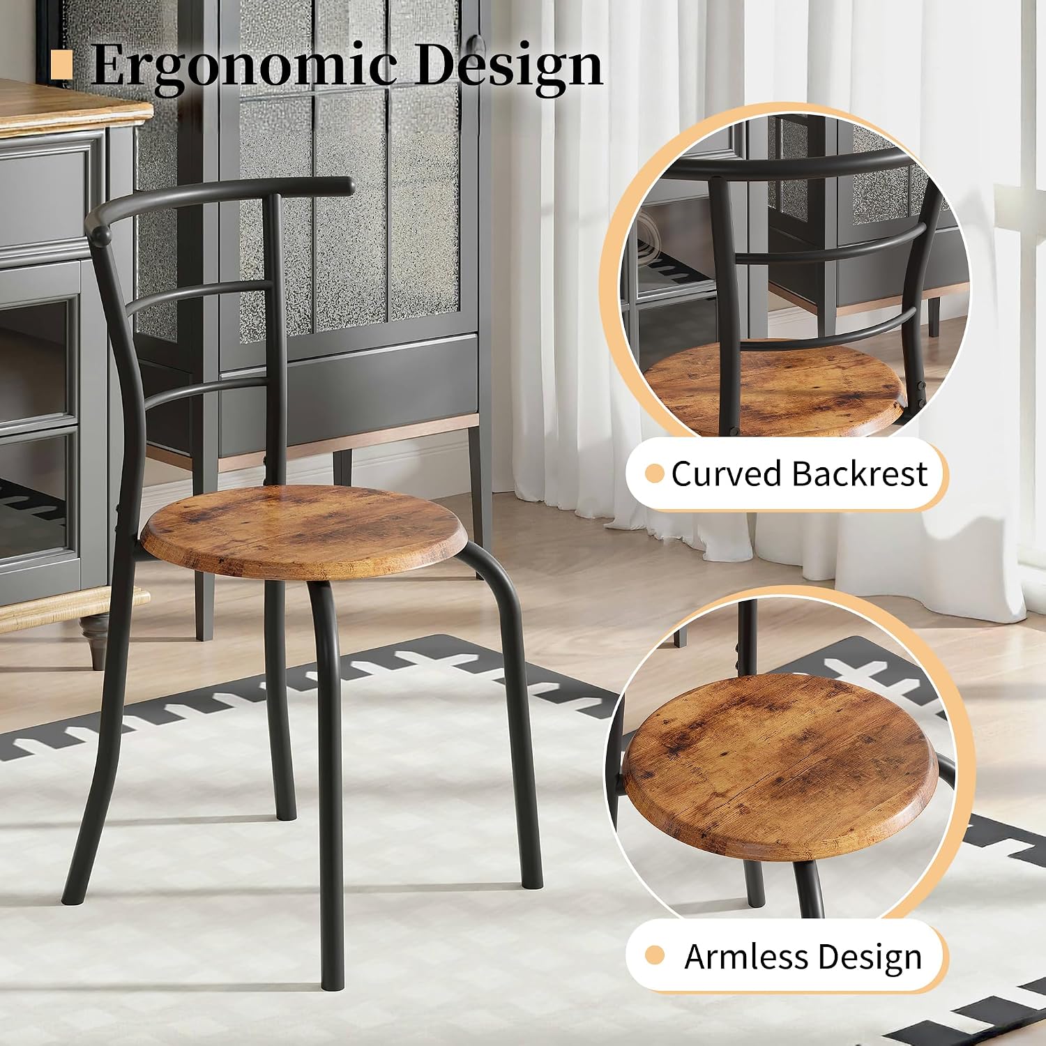 Vecelo 3-Piece Dining Table Set For Kitchen Breakfast Nook, Wood Grain Oval Tabletop And Metal Frame With Built-In Wine Rack, For Small Spaces, Antique Brown & Black