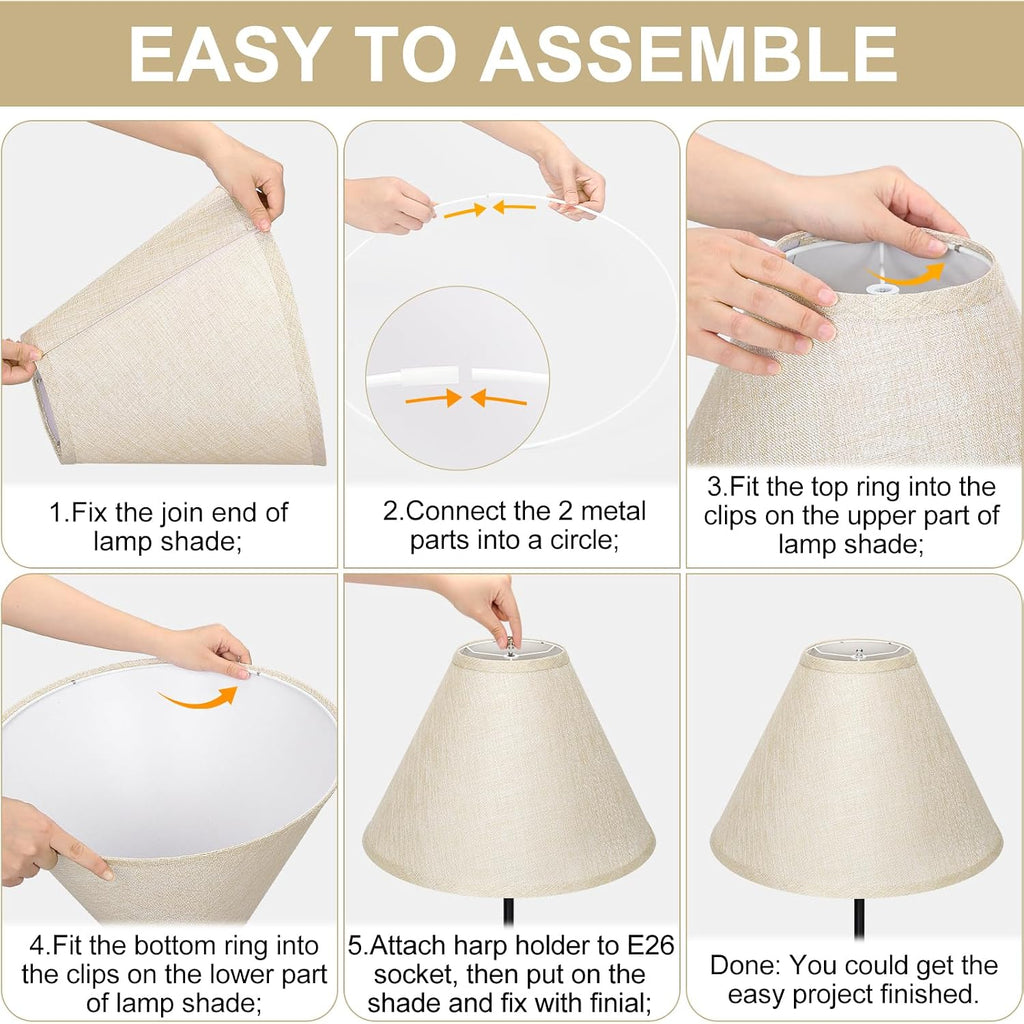 Empire Lamp Shades Set Of 2, 6"Top X 16"Bottom X 10.8"High, Champagne Beige | Large Lampshades For Table Lamps Floor Lamps, Spider, E26 Base Harp Holders Included, Natural Linen Replacement,Easy Assembly