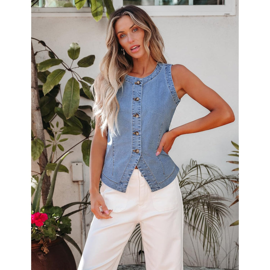 Luvamia Denim Vest For Women Sleeveless Strechy Jean Vest Top Button Down Crewneck Casual Summer Western Waistcoat