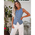 Luvamia Denim Vest For Women Sleeveless Strechy Jean Vest Top Button Down Crewneck Casual Summer Western Waistcoat