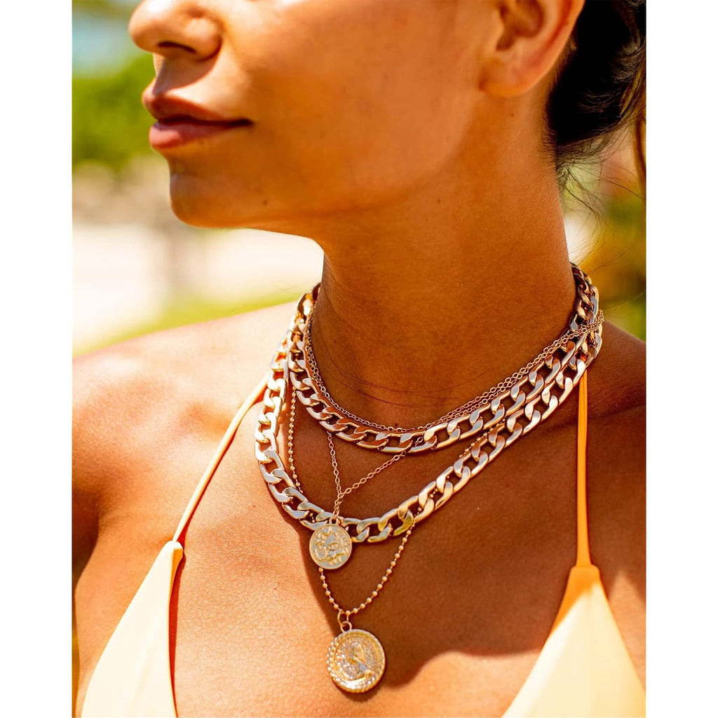 MJartoria Layered Necklaces for Women Trendy Retro Coin Pendant Necklace Dainty Chunky Chain Choker Necklaces for Jewelry Birthday Gifts