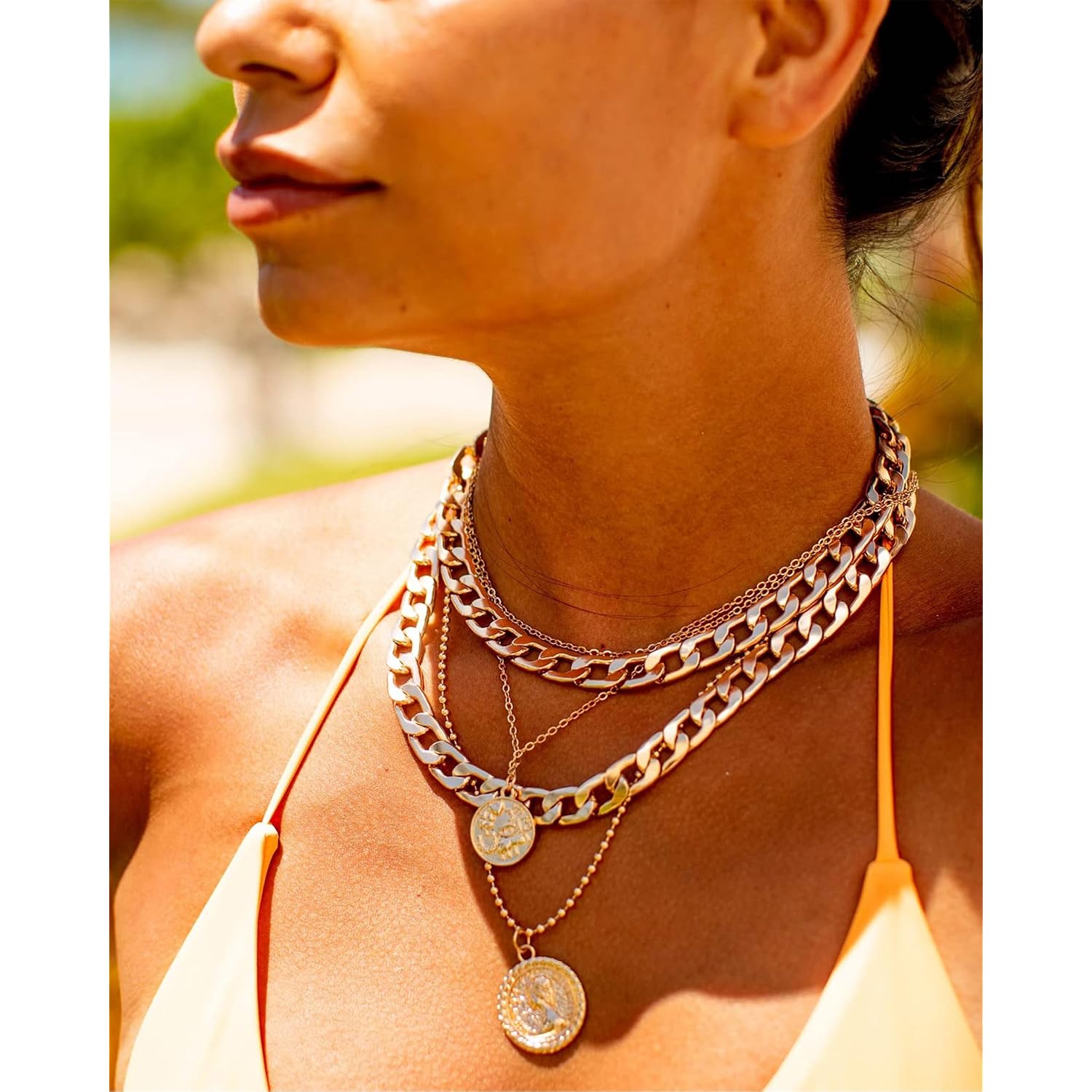 MJartoria Layered Necklaces for Women Trendy Retro Coin Pendant Necklace Dainty Chunky Chain Choker Necklaces for Jewelry Birthday Gifts