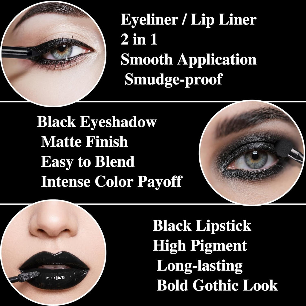 Black Eyeshadow Palette Liquid Lipstick Eyeliner Set with Mini Brush, Smokey Eye Shadow Black Lip Gloss lip liner Set, Smudge Proof Long-lasting, Suitable for Halloween Cosplay Goth Witch Makeup
