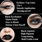Black Eyeshadow Palette Liquid Lipstick Eyeliner Set with Mini Brush, Smokey Eye Shadow Black Lip Gloss lip liner Set, Smudge Proof Long-lasting, Suitable for Halloween Cosplay Goth Witch Makeup